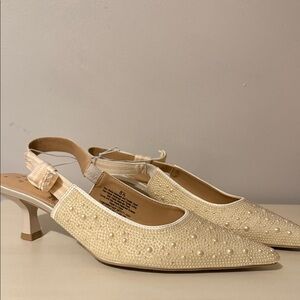 Elegant Pearl Cream Slingback Kitten Heels